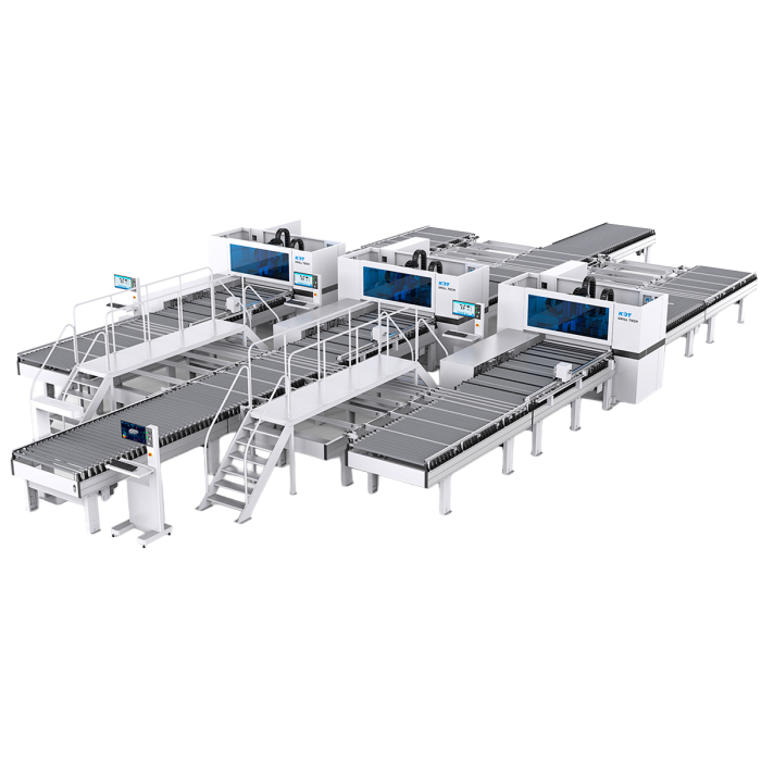 Automatische Bohr- und Fräslinie KDT Line-3 auf Basis der CNC-Bohr- und Fräszentren KD-612NHSA